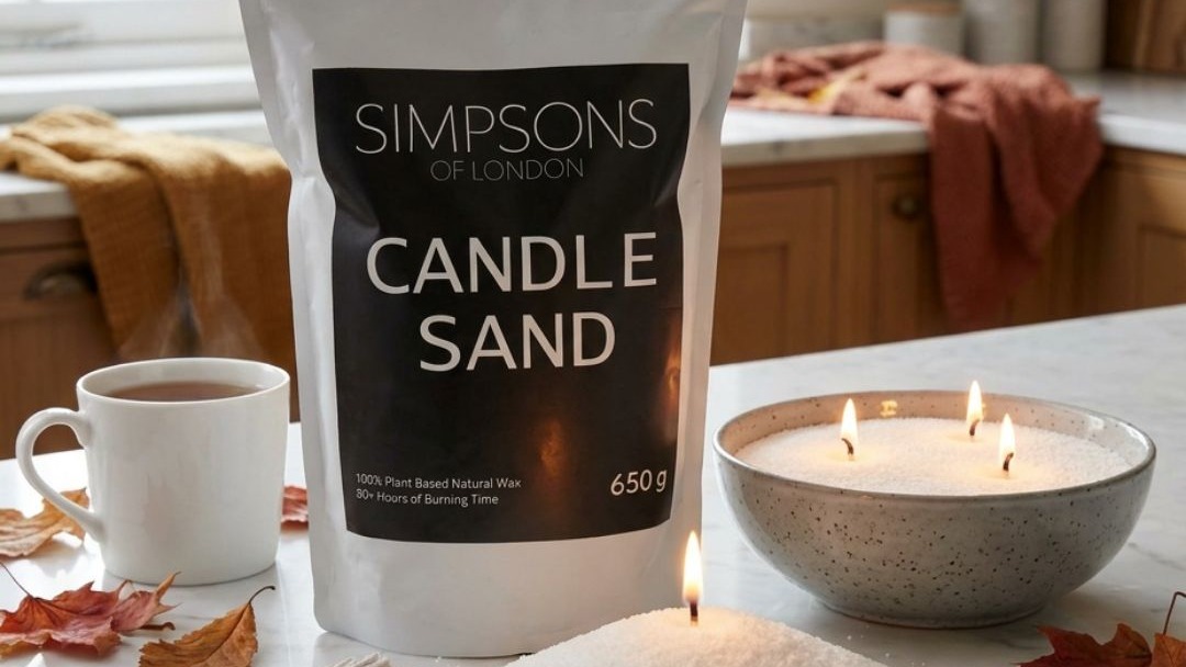 Bowl of white granulated candle sand with lit wicks on a marble kitchen worktop on a rainy September afternoon in London