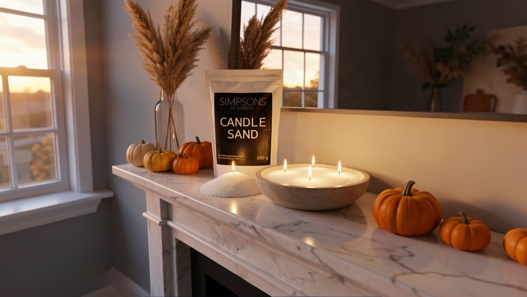 Autumn mantel in a London living room styled with candle sand, pampas grass and pumpkins at sunset