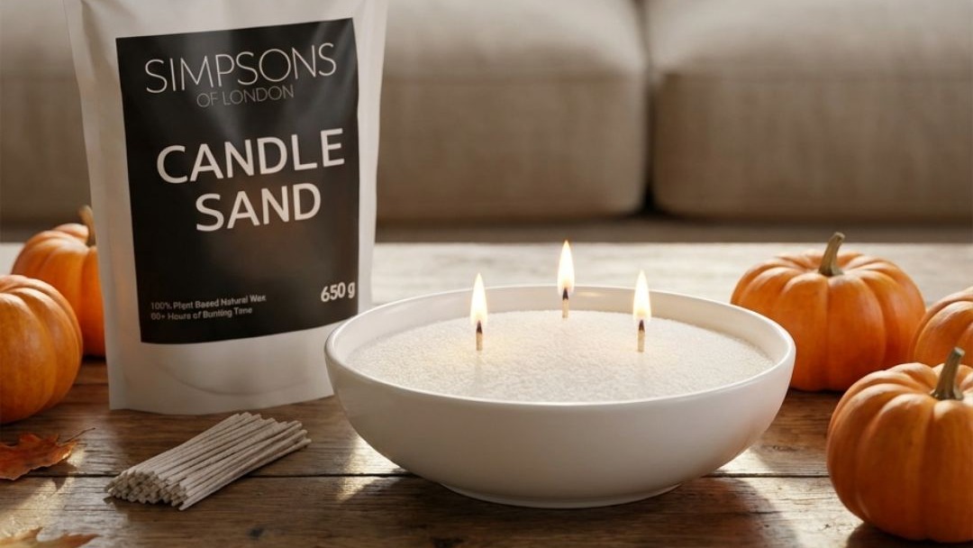 White ceramic bowl of granulated candle sand with three evenly spaced lit wicks in a cosy London living room