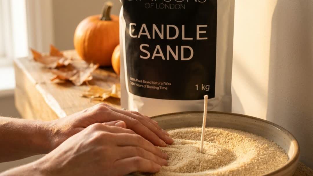 Hands shaping natural candle sand in a stoneware bowl with a cotton wick, autumn leaves and pumpkins behind