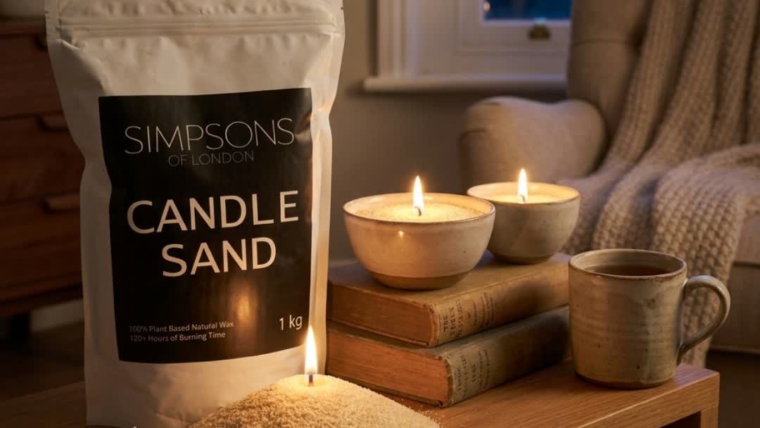 Two glowing candle sand bowls on a bookshelf with a mug of tea and a knit throw on a September evening