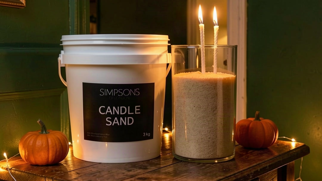Hallway console table in London styled for Halloween with a bucket of natural candle sand, a glowing glass candle and mini pumpkins at twilight