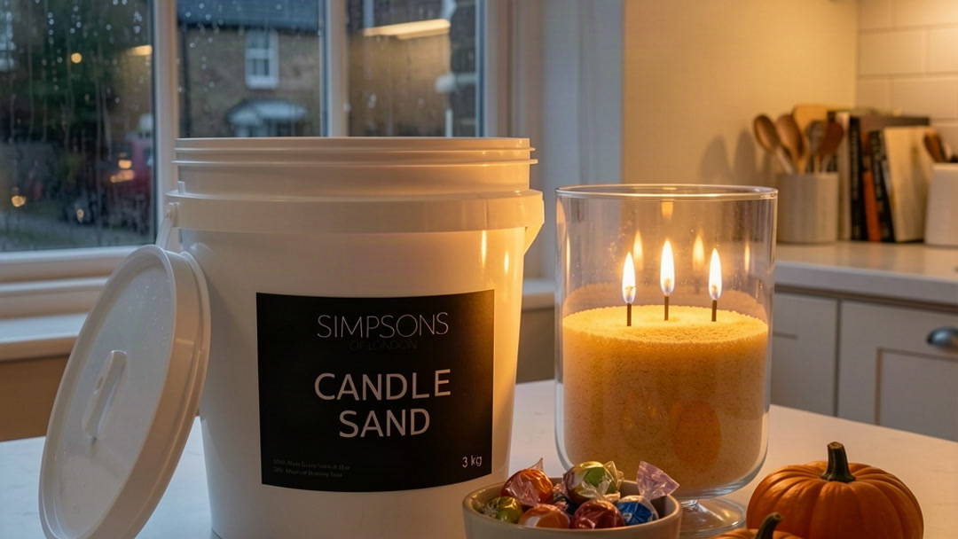 London kitchen table on a rainy October evening with a bucket of candle sand, a glowing hurricane bowl, sweets and small pumpkins ready for trick-or-treaters