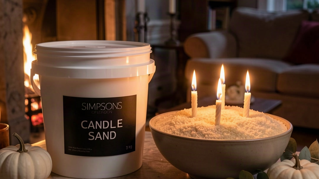 Mantelpiece on Halloween night with a bucket of natural candle sand and a wide bowl of glowing candle sand beside white pumpkins and eucalyptus