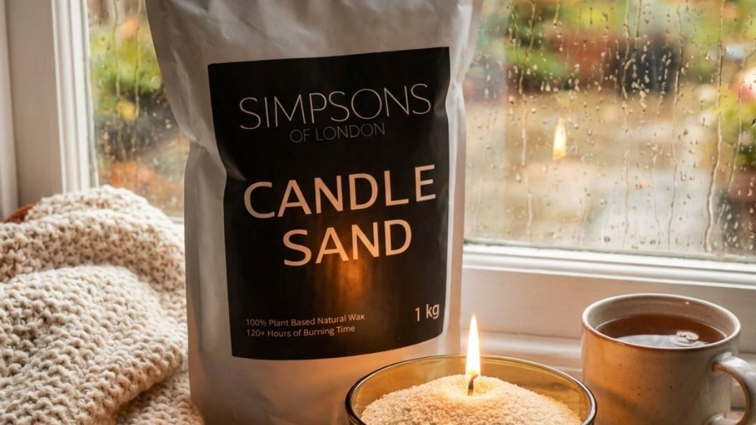 Candle sand burning in an amber glass bowl on a windowsill on a rainy autumn evening