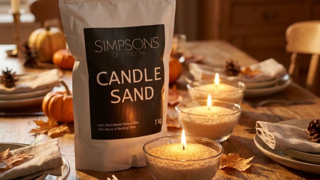 Candle sand burning in three small glass bowls as a dining table centrepiece for an autumn dinner