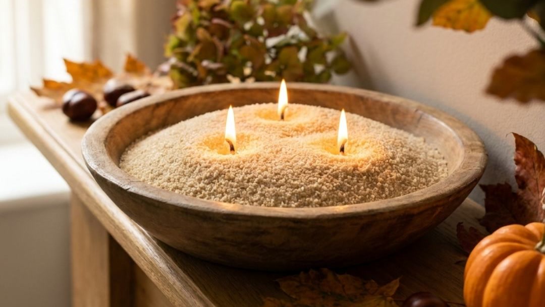 Wooden bowl of natural candle sand with three lit wicks styled with pumpkins and conkers