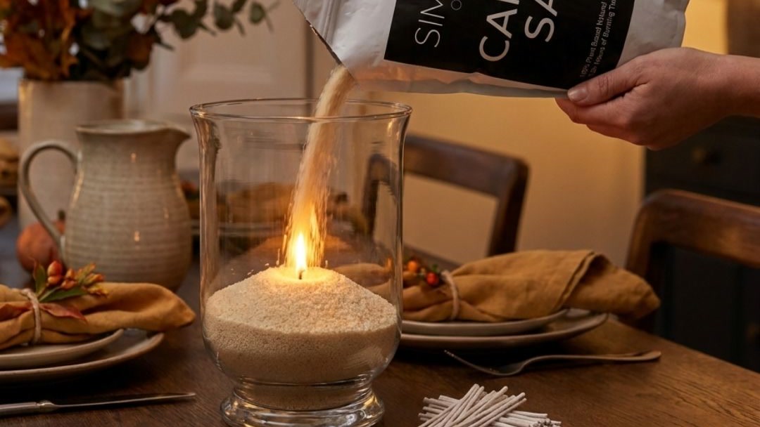 Pouring candle sand into a glass hurricane vase on a set autumn dining table