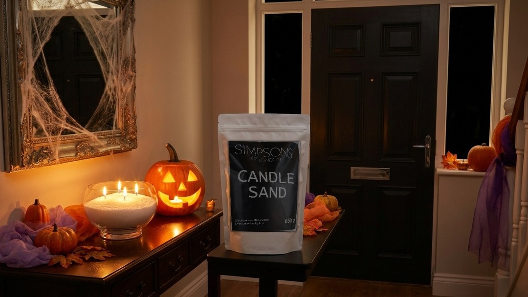 Hallway console table styled for trick-or-treaters with the Candle Sand White 650g Pack, a glowing hurricane bowl and a carved pumpkin