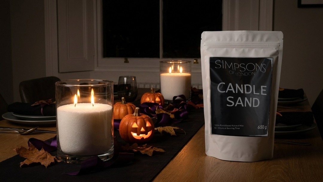 Halloween party dining table centrepiece with glass cylinders of lit Simpsons of London candle sand and the white 650g pouch