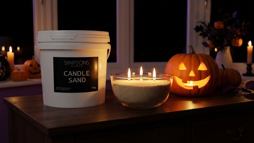 Simpsons of London Candle Sand Natural 3kg Bucket beside a glowing candle sand bowl and jack-o'-lantern on a Halloween sideboard