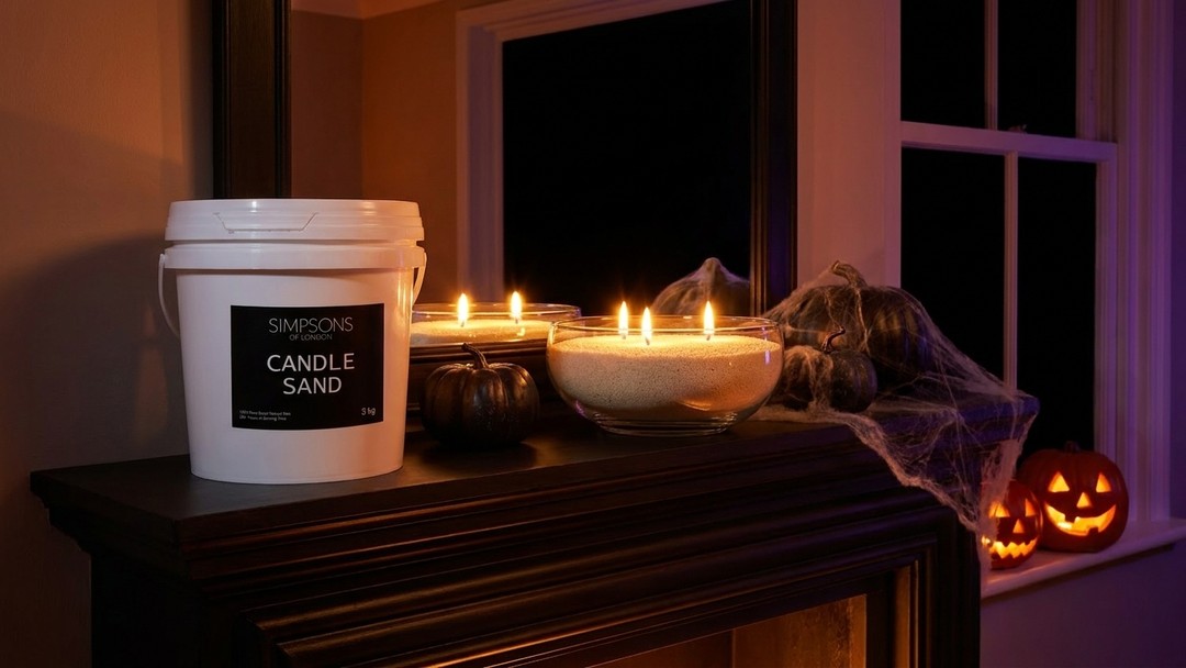 Candlelit Halloween mantel styled with Simpsons of London Candle Sand, cobwebs and dark pumpkins