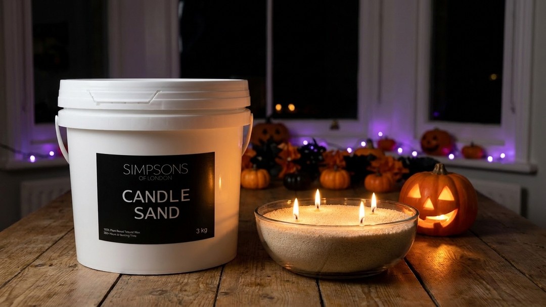 Close view of a glowing Halloween party table centrepiece made with Simpsons of London Candle Sand and a jack-o'-lantern
